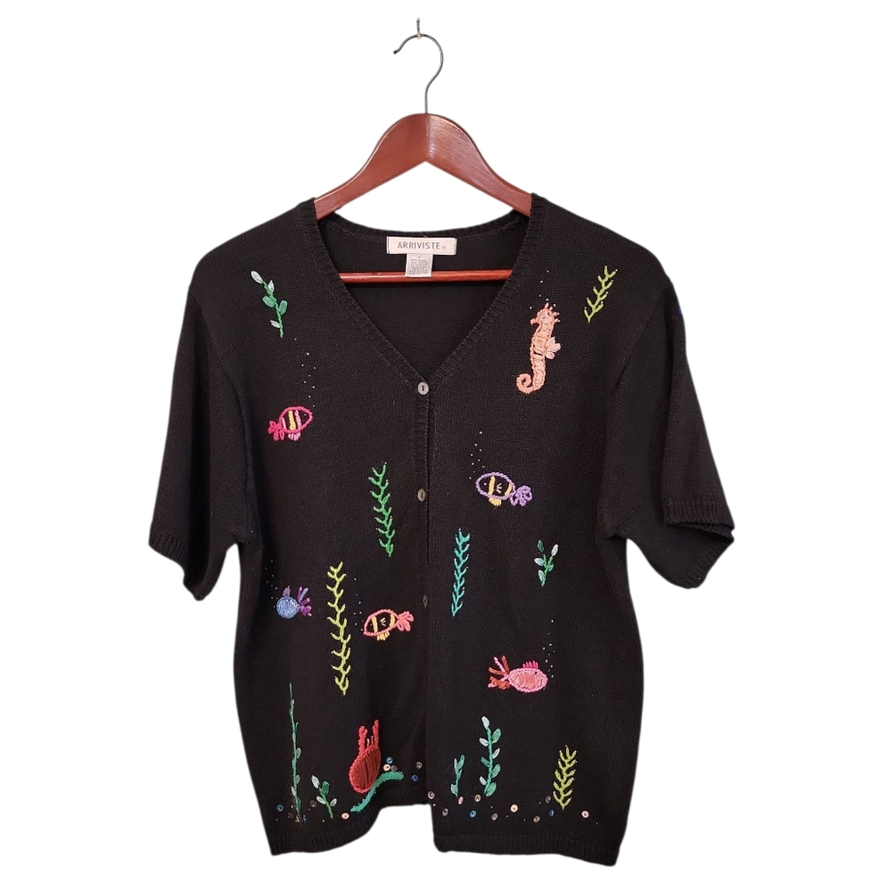 Vintage Arriviste Black Sweater Cardigan with Colorful Sea Life Embroidery Large